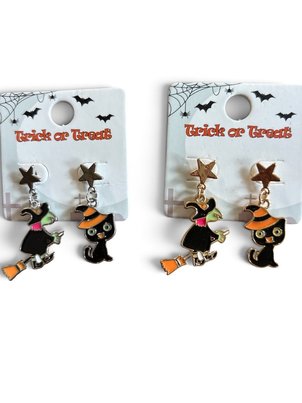 Trick or Treat Black Cat Witch Earrings - Orange & Green